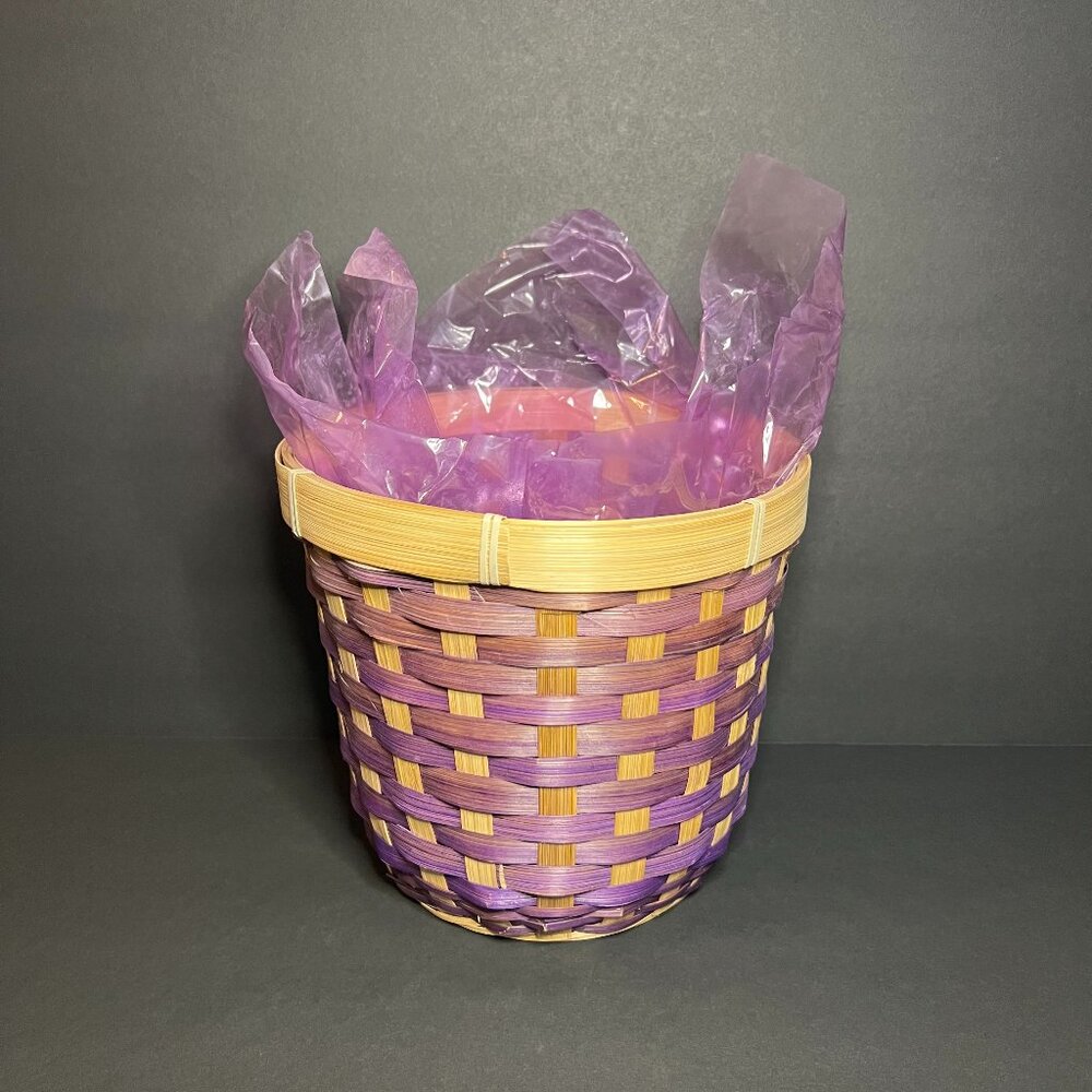 Woven Wicker Purple & Tan Gift Crafting Basket w/ Plastic Foil Accent 6.75"
